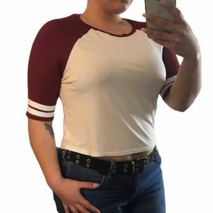 Large Maroon Crop Baseball Tee Raglan Stripe Sleeve